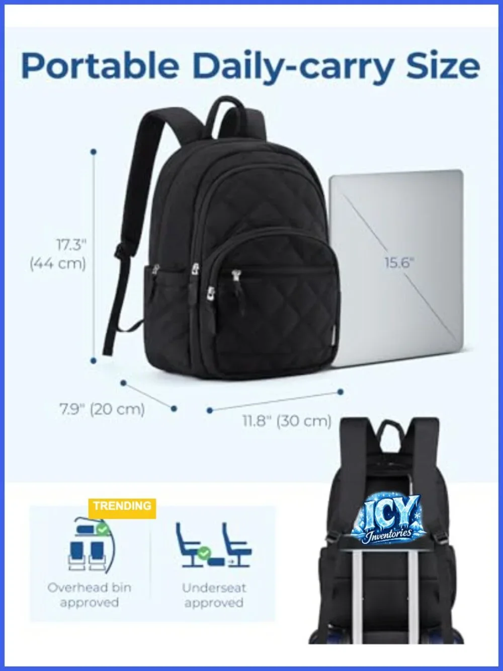 Quilted Laptop Backpack, Water-Resistant 15.6 Inch Computer Bookbag, Travel